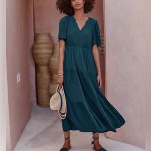 Garnet Hill Tiered Maxi Dress Large Flutter Sleeve V Neck Teal Blue Viscose NEW